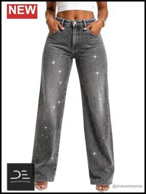 High Waisted Straight Leg Rhinestone Jeans Women Sparkly Y2K Party Denim